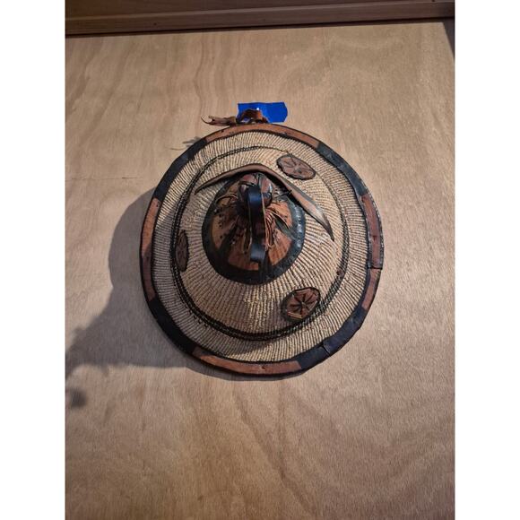 Authentic, AFRICAN CONICAL FULANI HAND WOVEN HAT WITH LEATHER TRIM